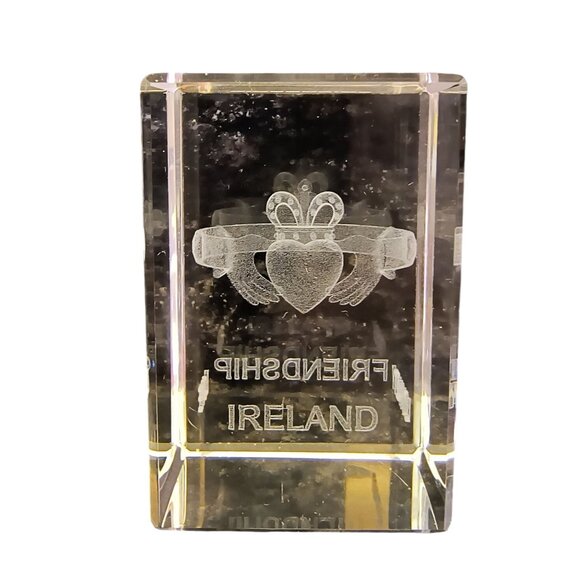 Crystal Cube Ireland Claddagh Block Engraved With Friendship Love Loyalty - Picture 2 of 4